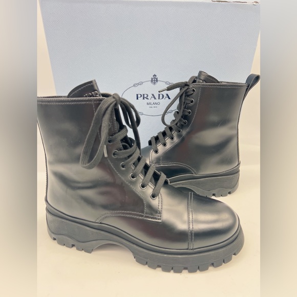 Prada Lug-Sole Leather Combat Boots - Picture 4 of 15